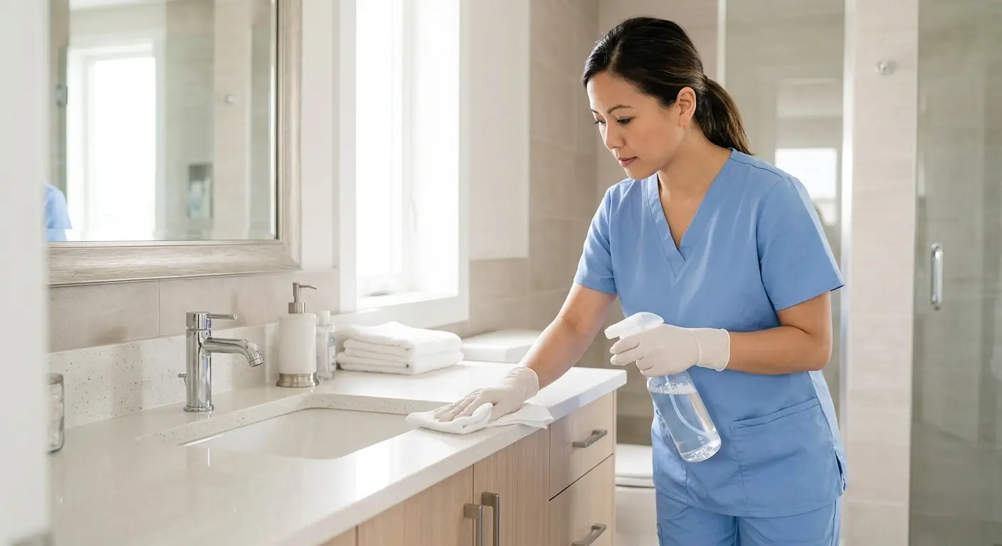 Woman in light blue uniform sanitizing a bathroom countertop during a professional deep cleaning visit in a Castle Pines Village home