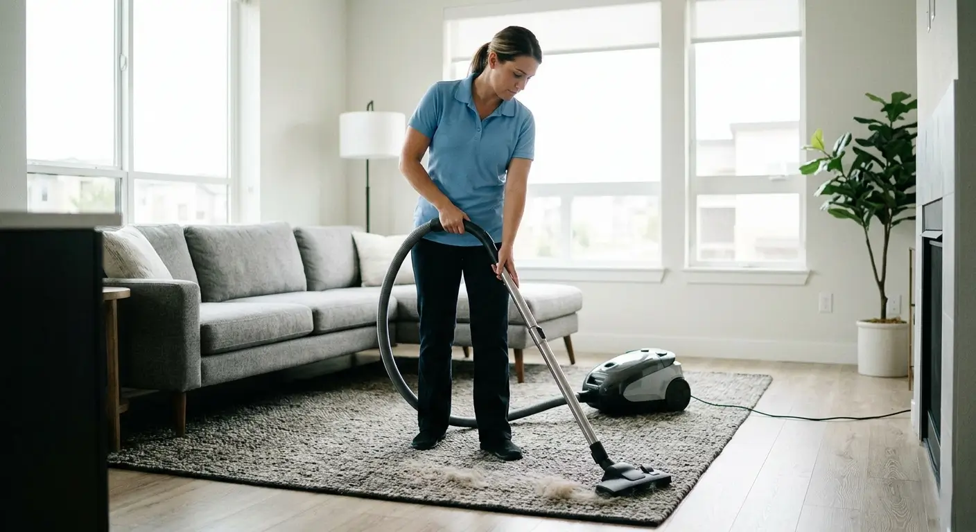 Woman in light blue uniform vacuuming pet hair from a living room rug in a bright Castle Pines apartment during a scheduled cleaning visit