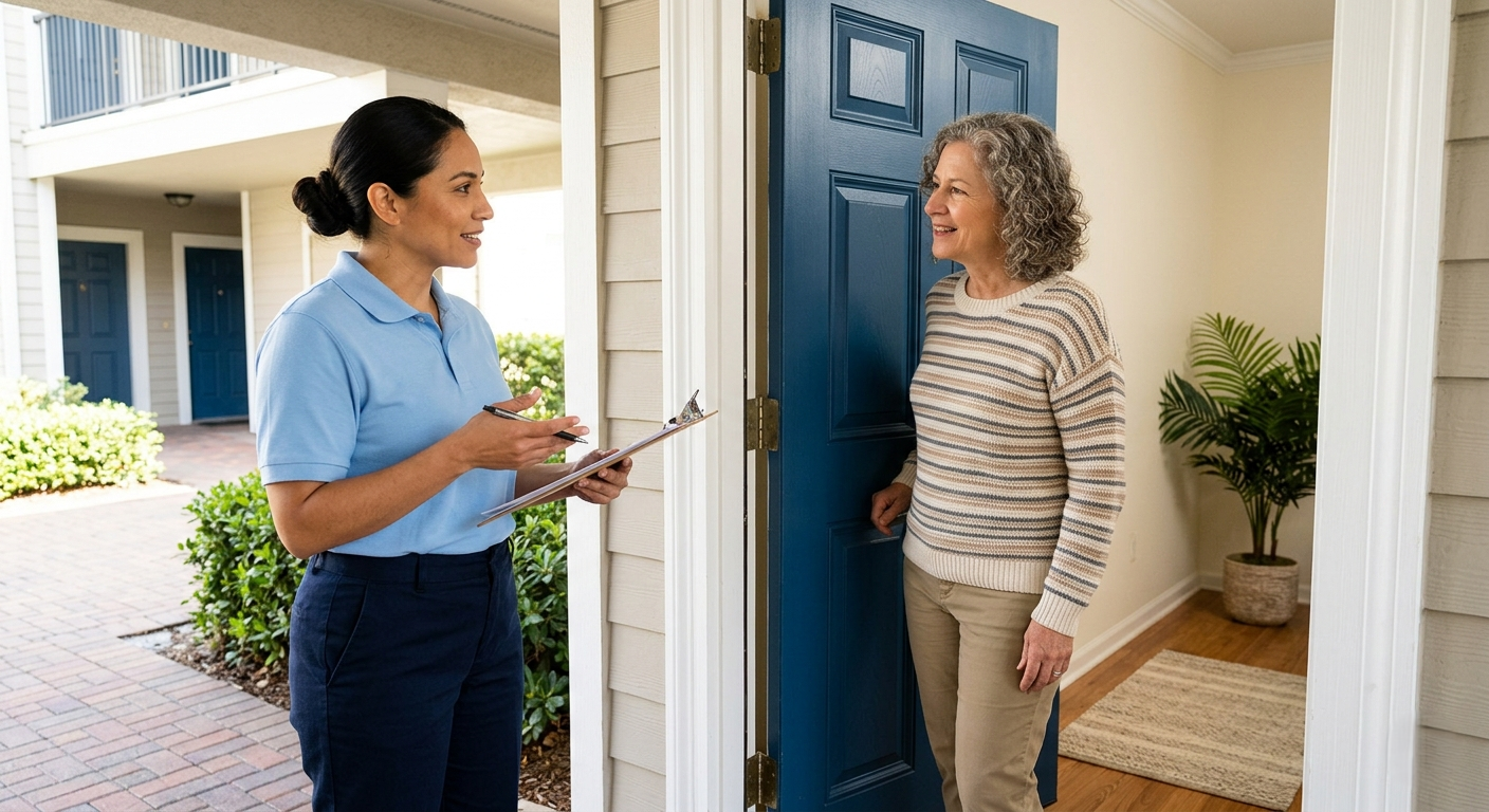 Woman in light blue uniform speaking with a Castle Pines homeowner at a front door before beginning a scheduled apartment cleaning visit