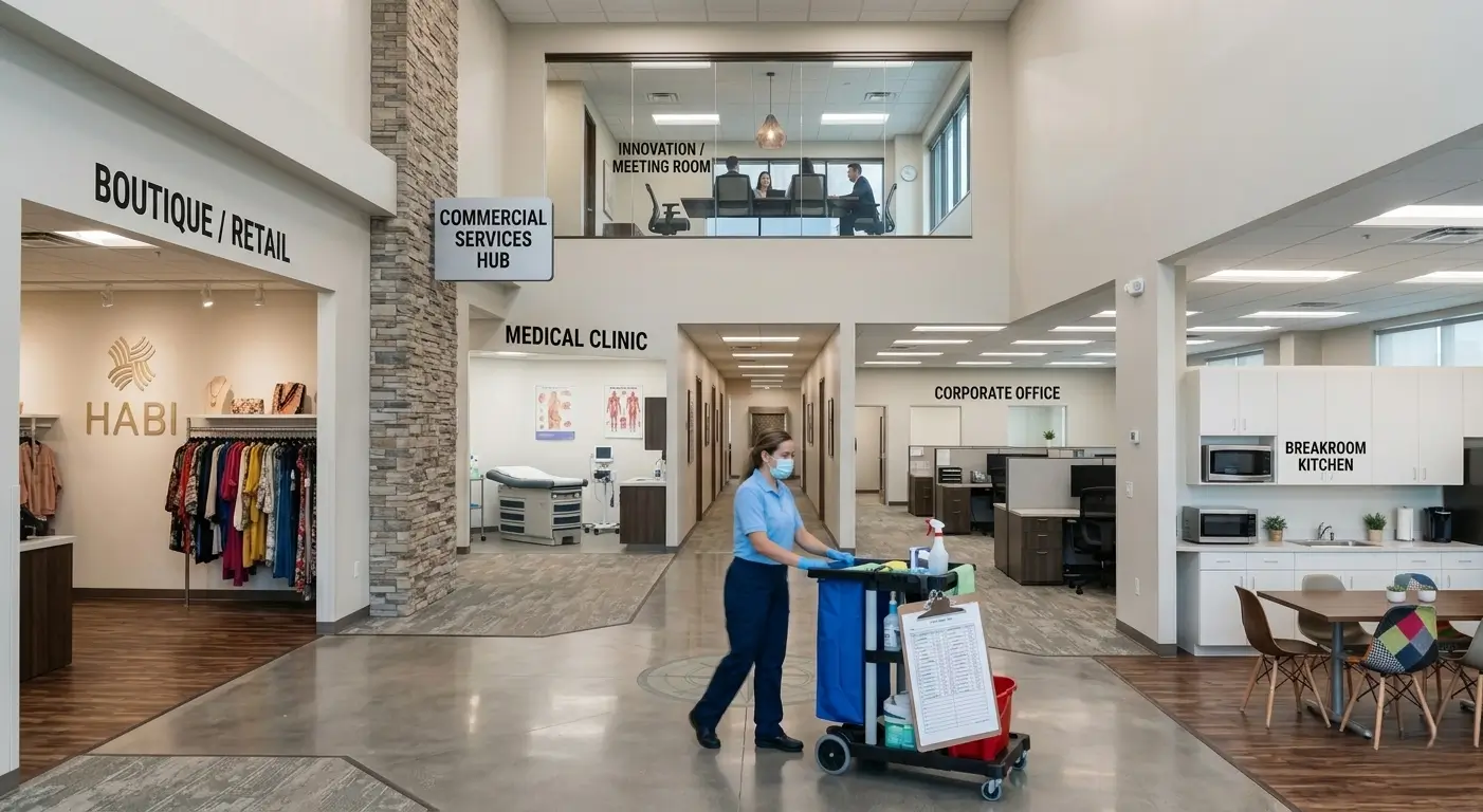 CR Maids crew providing commercial cleaning services to a Castle Pines professional office medical suite and retail space