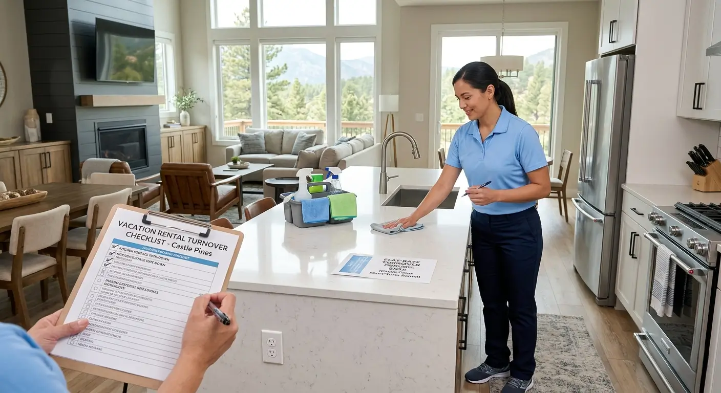 CR Maids crew completing an affordable vacation rental cleaning turnover in a Castle Pines short-term rental with documented checklist and flat-rate pricing