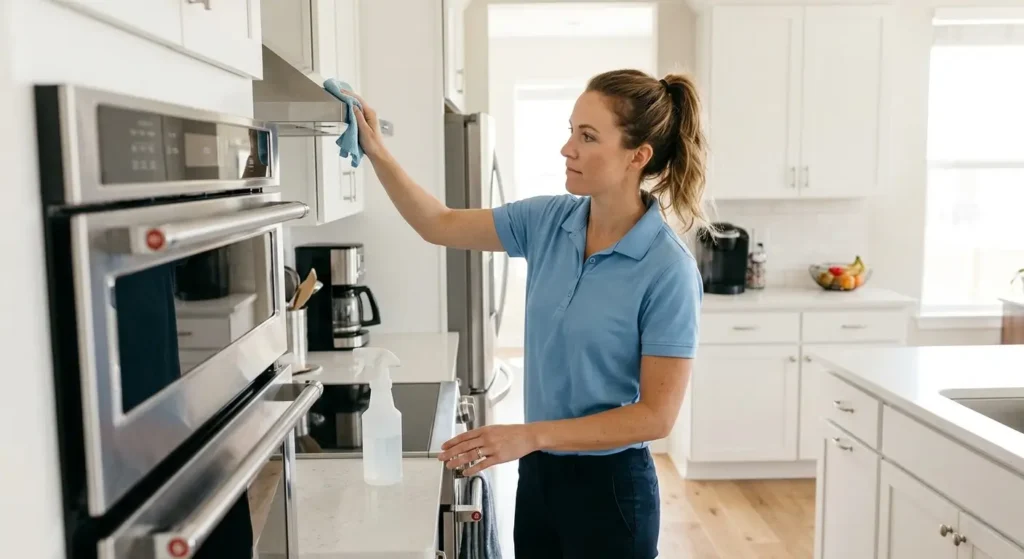 Woman in light blue uniform wiping down kitchen appliances during a scheduled weekly home helper visit in a Castle Pines home