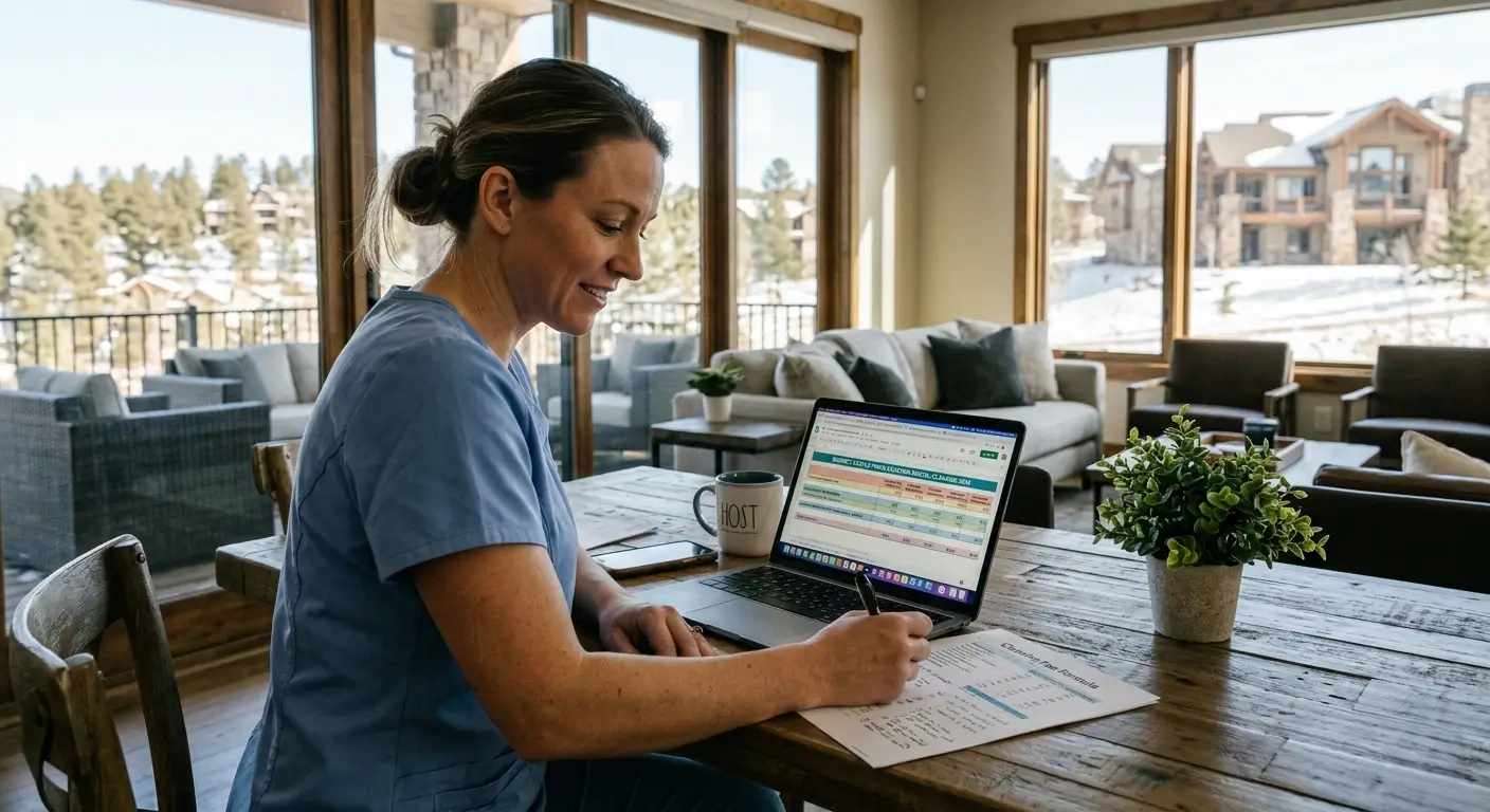 Castle Pines vacation rental host reviewing a seasonal cleaning budget spreadsheet with per-visit turnover costs and projected annual cleaning expenses