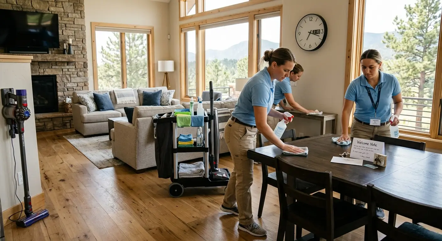 CR Maids crew completing a same-day vacation rental turnover in a Castle Pines home before the next guest checks in