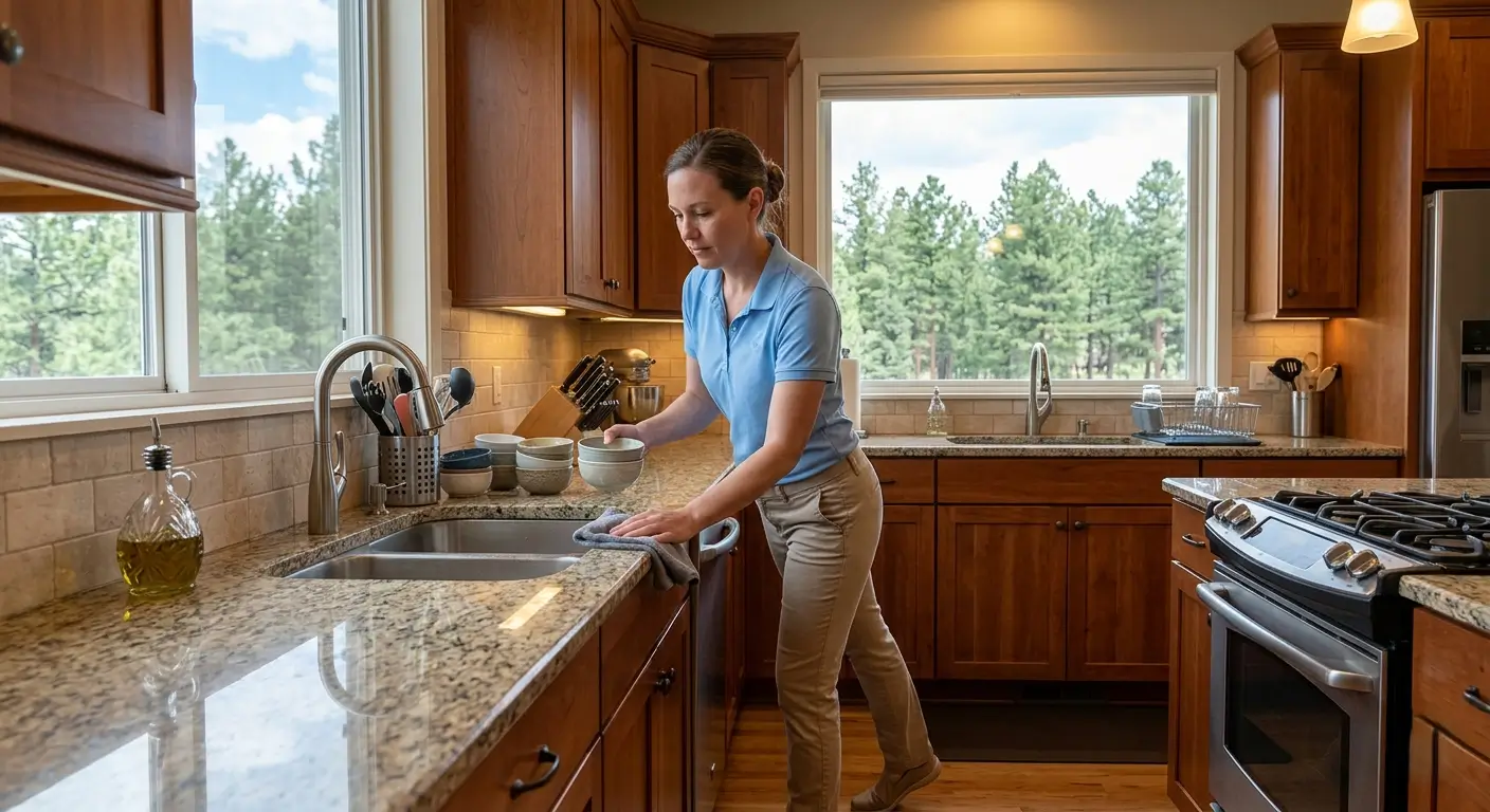 chore-helper-in-castle-pines.webp CR Maids chore helper organizing a Castle Pines kitchen countertop and wiping surfaces as part of a scheduled home support visit