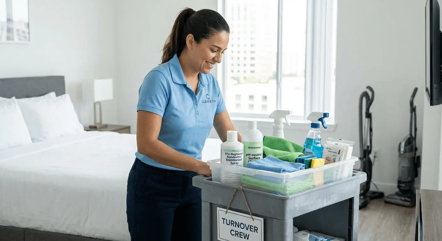Organized supply caddy showing the cleaning supplies used for vacation rental turnover cleaning including disinfectant microfiber cloths and pH-neutral surface cleaner