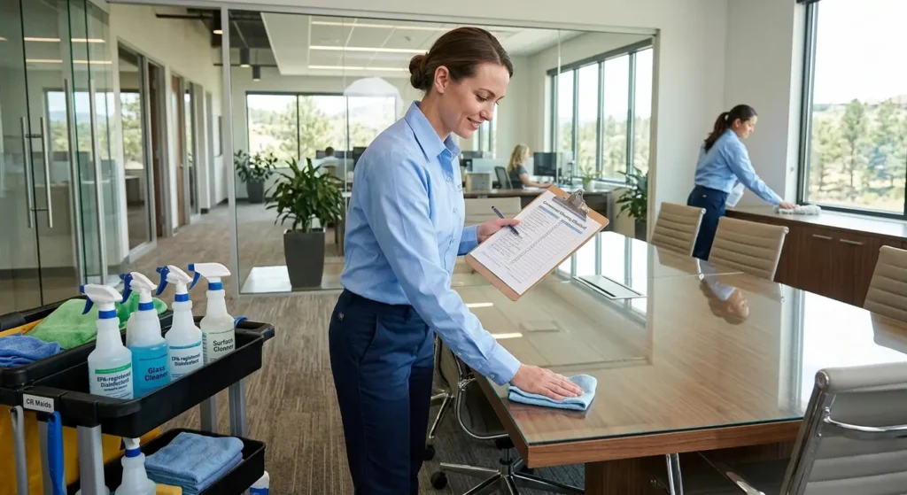 A CR Maids crew completing a commercial and office cleaning visit in a Castle Pines professional workspace, showing documented checklist execution, surface-specific product application, and the consistent presentation standard that keeps client-facing spaces operating at a professional level.