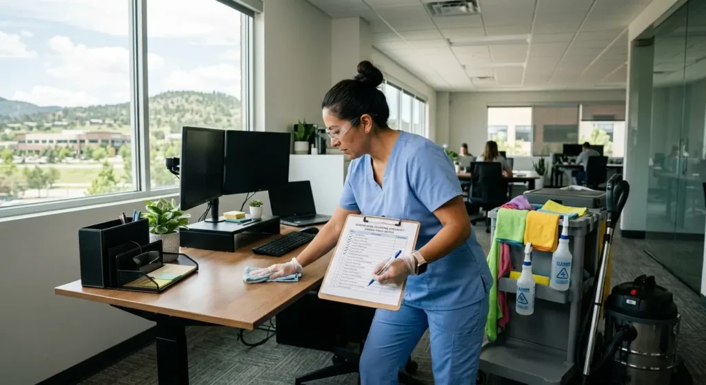 CR Maids crew providing commercial cleaning services in a Castle Pines office space with documented checklist and professional cleaning equipment