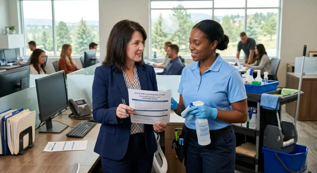 Castle Pines business owner asking a CR Maids crew member whether their commercial cleaning service includes EPA-registered sanitization of high-touch office surfaces