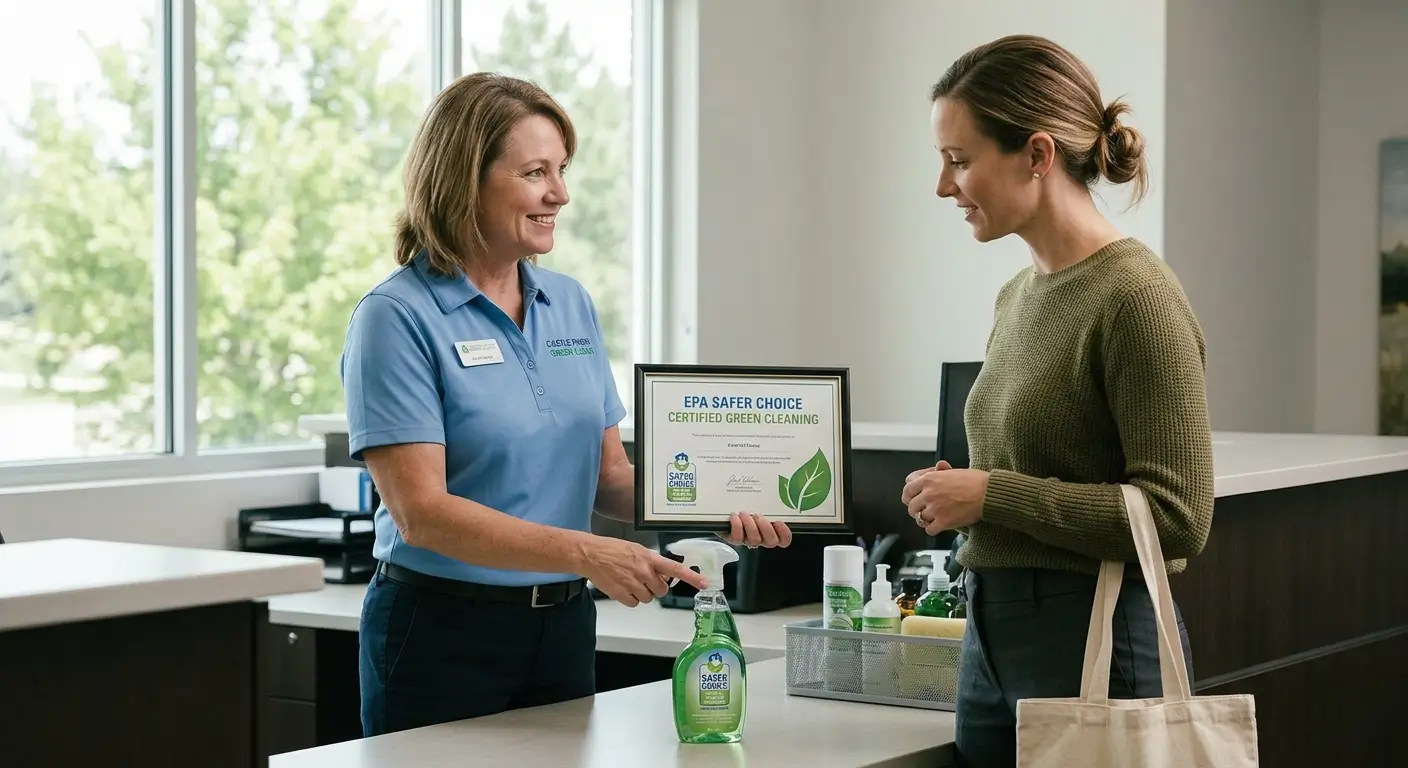 Castle Pines business owner displaying EPA Safer Choice certified green cleaning certification to eco-conscious clients visiting a professional office