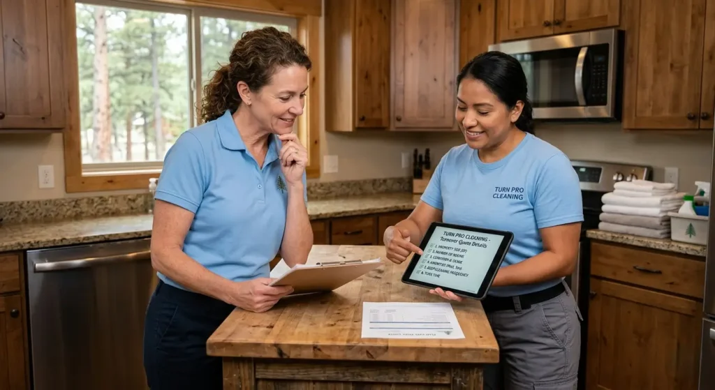 Castle Pines vacation rental host reviewing a flat-rate turnover quote with a CR Maids crew member explaining the six factors that affect cleaning cost
