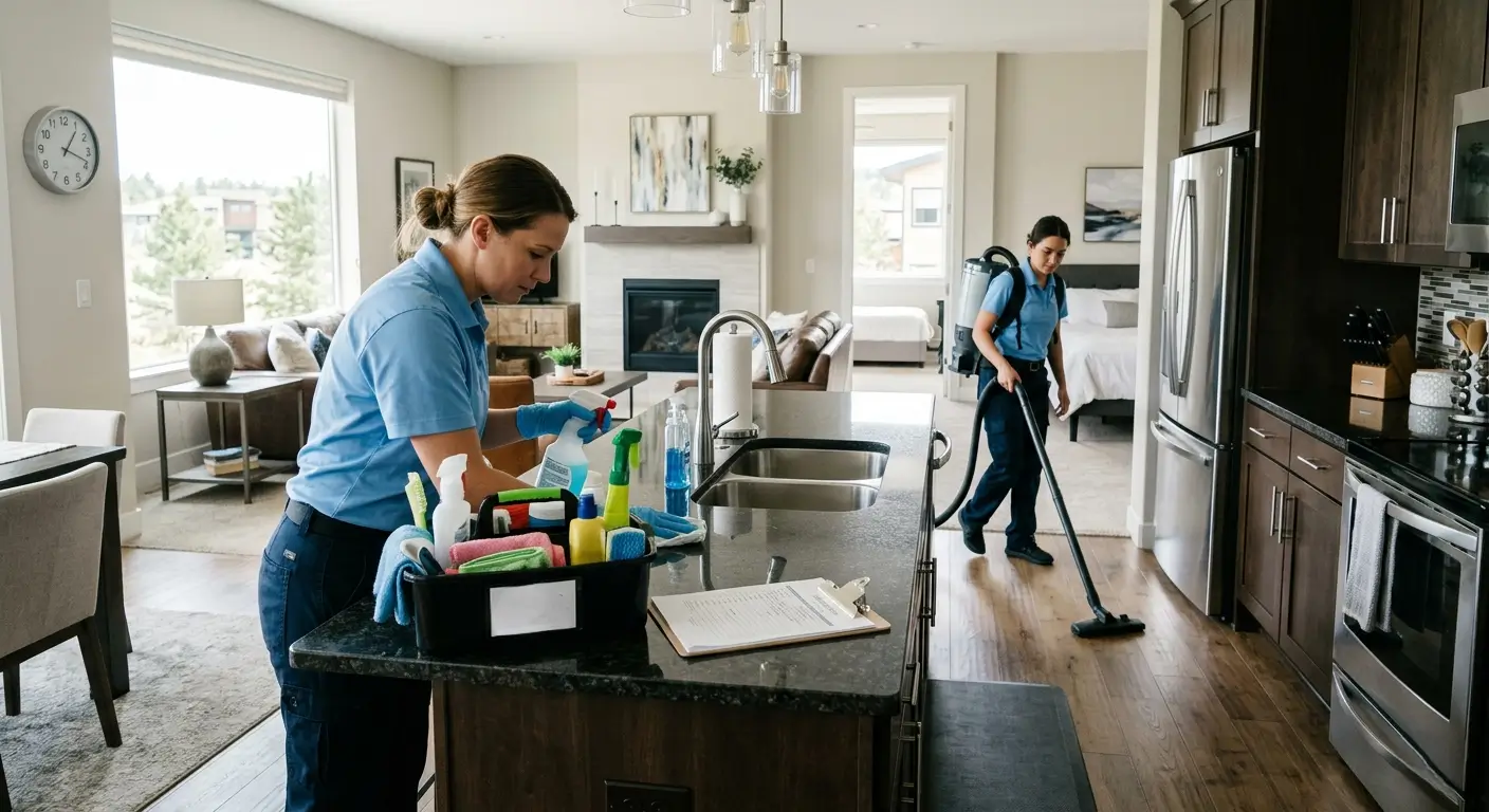 CR Maids crew working efficiently through a same-day vacation rental cleaning in a Castle Pines home with timed checklist and pre-loaded supply caddy