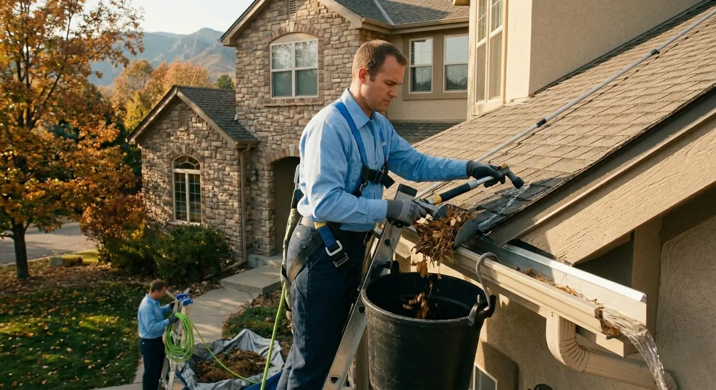 CR Maids crew completing gutter cleaning services at a Castle Pines home removing debris and flushing downspouts before inspection