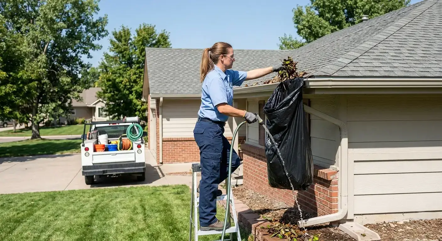 CR Maids crew completing gutter cleaning services at a Castle Pines home removing debris and flushing downspouts before inspection