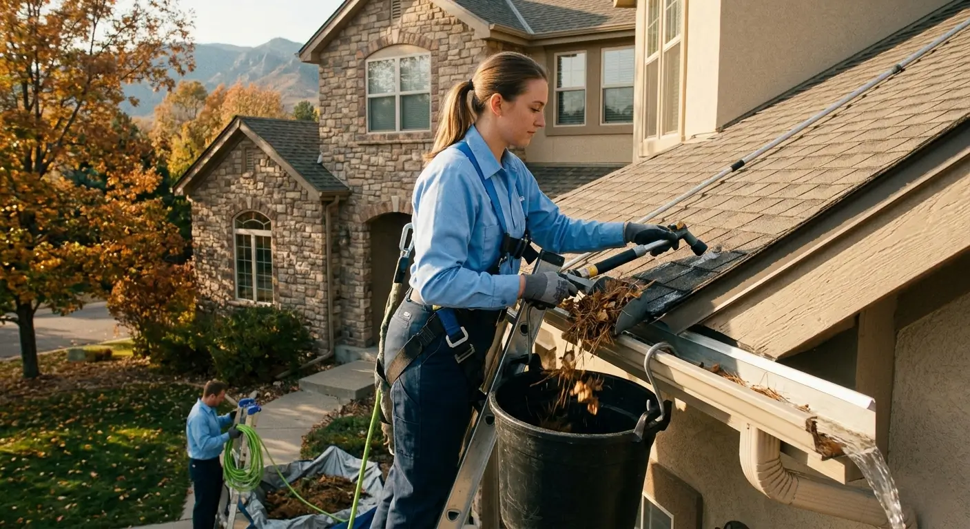 CR Maids crew completing gutter cleaning services at a Castle Pines home removing debris and flushing downspouts before inspection