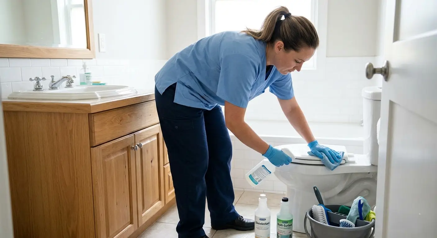 CR Maids crew sanitizing toilet fixtures faucet handles and mirror surfaces during a Castle Pines vacation rental bathroom cleaning visit