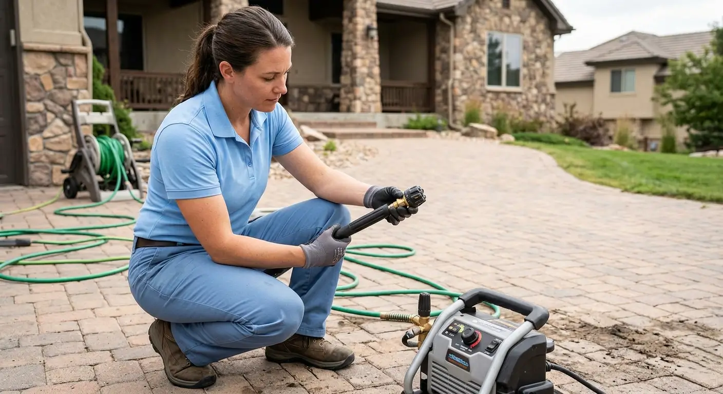 how-does-power-washing-work.webp CR Maids crew member adjusting nozzle angle and pressure settings before power washing a Castle Pines driveway showing surface-appropriate technique
