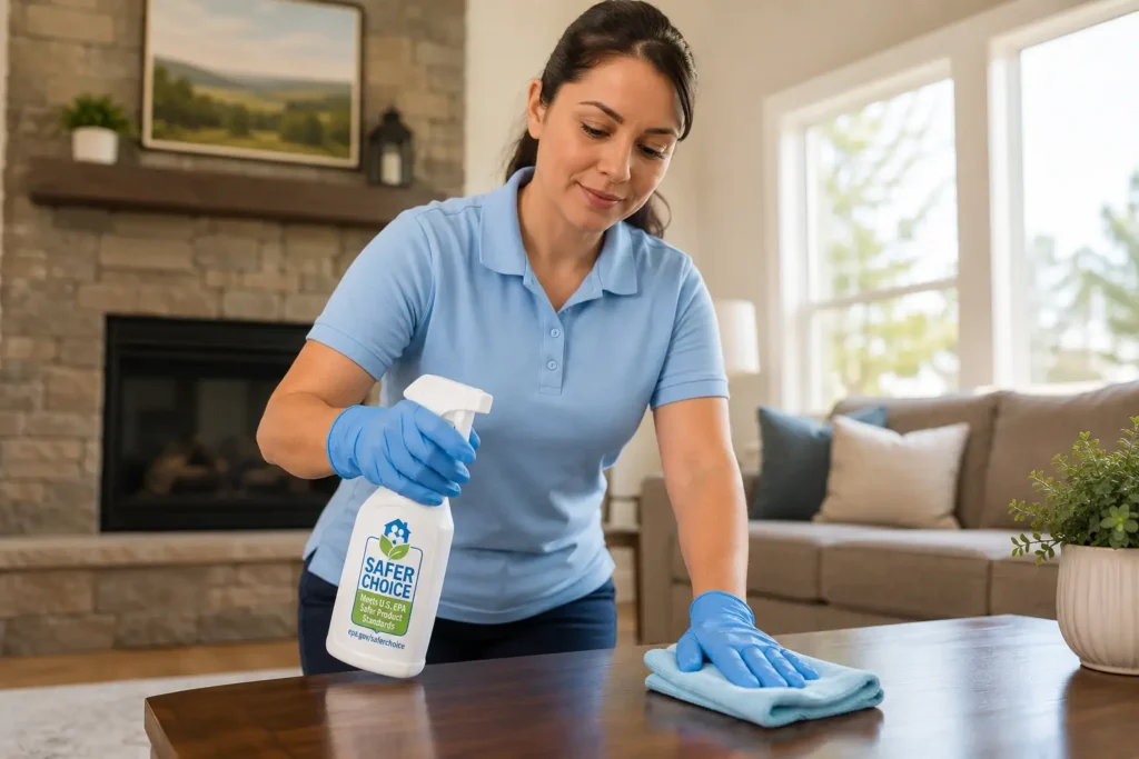 CR Maids crew applying EPA Safer Choice certified products during an eco-friendly cleaning visit in a Castle Pines home to improve indoor air quality