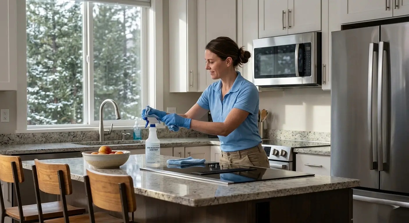 CR Maids crew sanitizing kitchen faucet handles appliance controls and countertops during a Castle Pines vacation rental cleaning visit