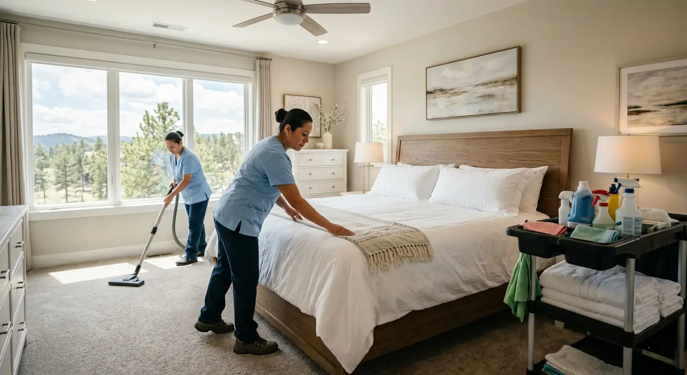 Two-person CR Maids turnover crew completing a vacation rental cleaning visit in a Castle Pines short-term rental within the four-hour checkout window