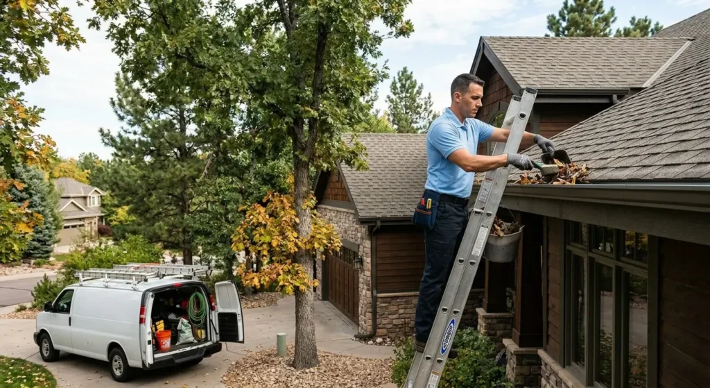 CR Maids crew completing a gutter cleaning visit at a Castle Pines home with pricing based on linear footage canopy coverage and downspout count