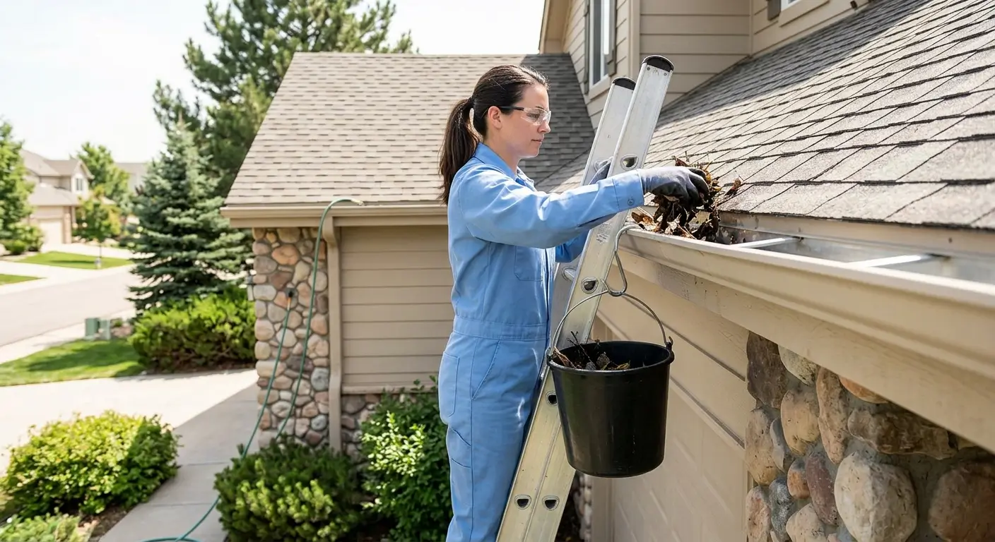 how-much-does-gutter-cleaning-cost.webp CR Maids crew completing a gutter cleaning visit at a Castle Pines home with pricing based on linear footage canopy coverage and downspout count