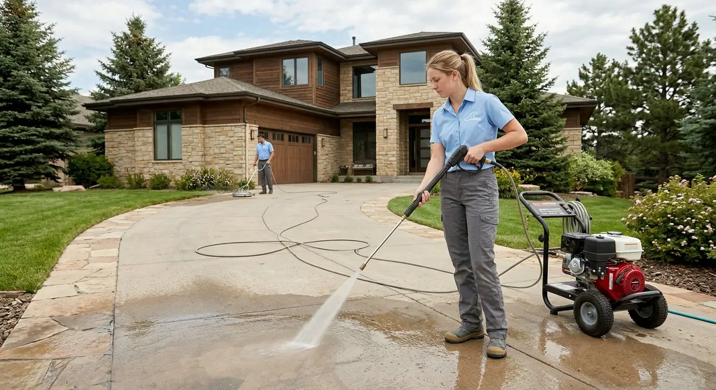 CR Maids crew power washing a Castle Pines residential driveway and walkway with professional equipment showing pricing based on surface type and square footage