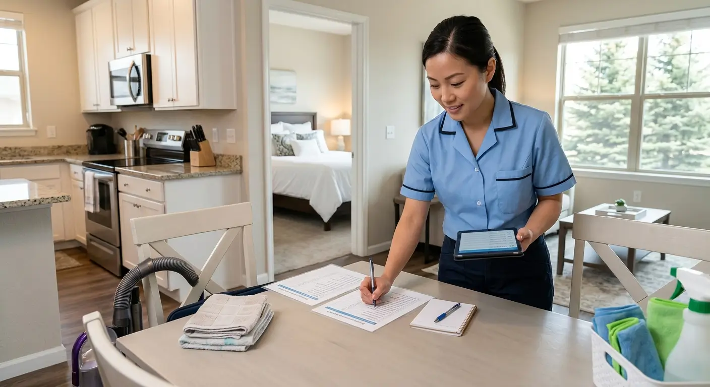 CR Maids crew completing a flat-rate vacation rental cleaning turnover in a Castle Pines short-term rental with documented checklist and transparent pricing