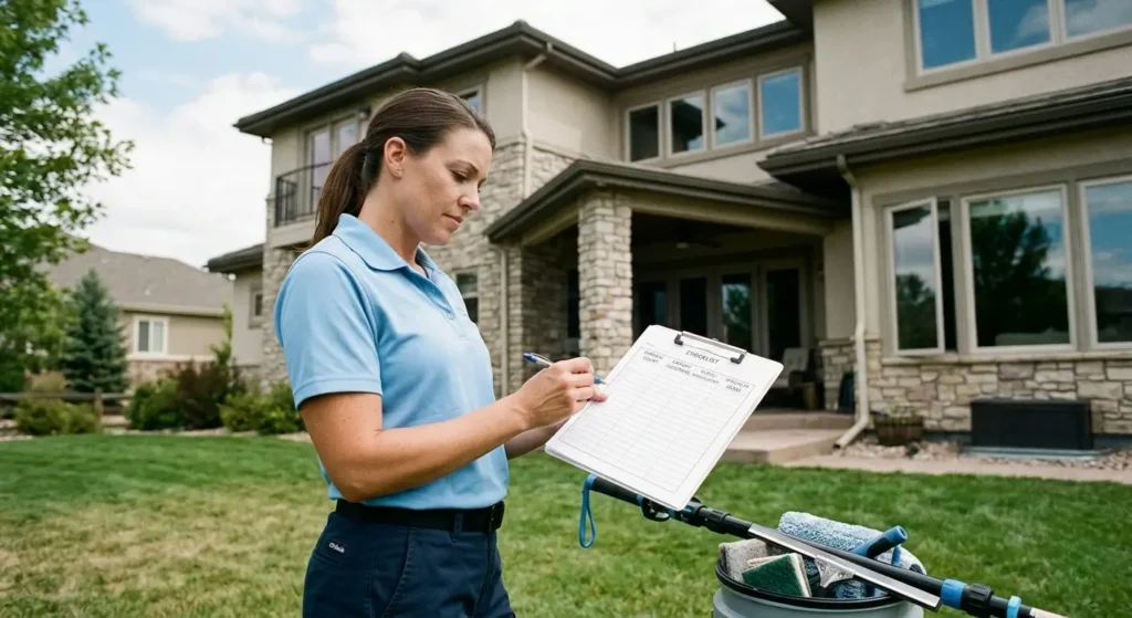 CR Maids crew arriving at a Castle Pines home with professional window cleaning equipment ready to quote based on window count canopy coverage and scope