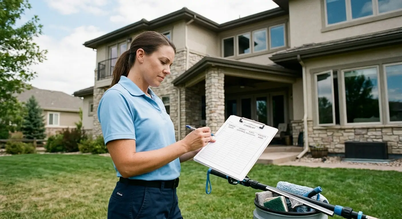 CR Maids crew arriving at a Castle Pines home with professional window cleaning equipment ready to quote based on window count canopy coverage and scope