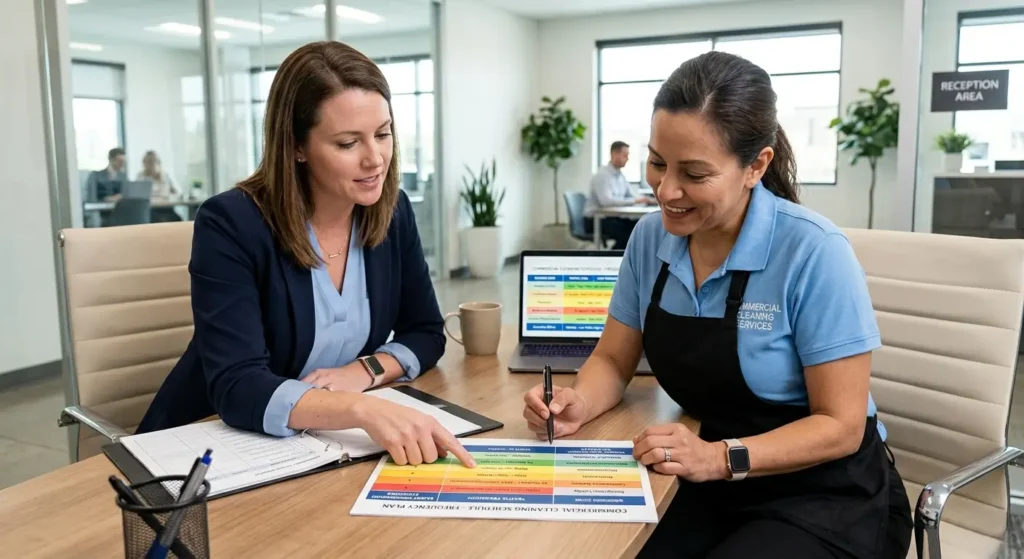 Castle Pines business owner reviewing a commercial cleaning schedule with CR Maids showing weekly and daily visit frequencies by business zone