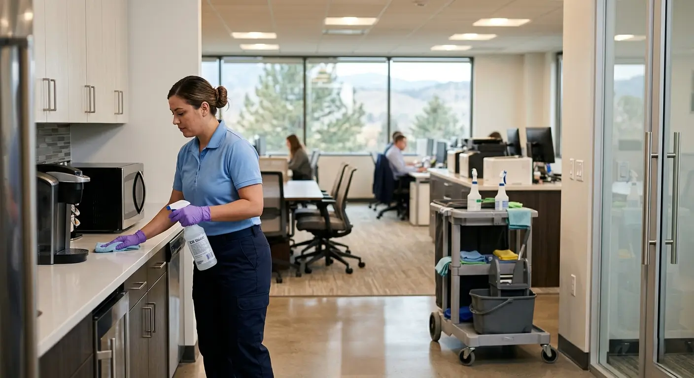 how-often-should-sanitization-be-done-in-offices.webp CR Maids crew completing a scheduled sanitization visit in a Castle Pines office covering high-touch surfaces restrooms and shared equipment zones