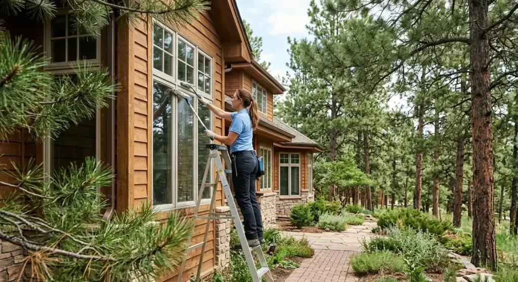 CR Maids crew member cleaning exterior windows at a Castle Pines home surrounded by ponderosa pine trees showing seasonal cleaning frequency