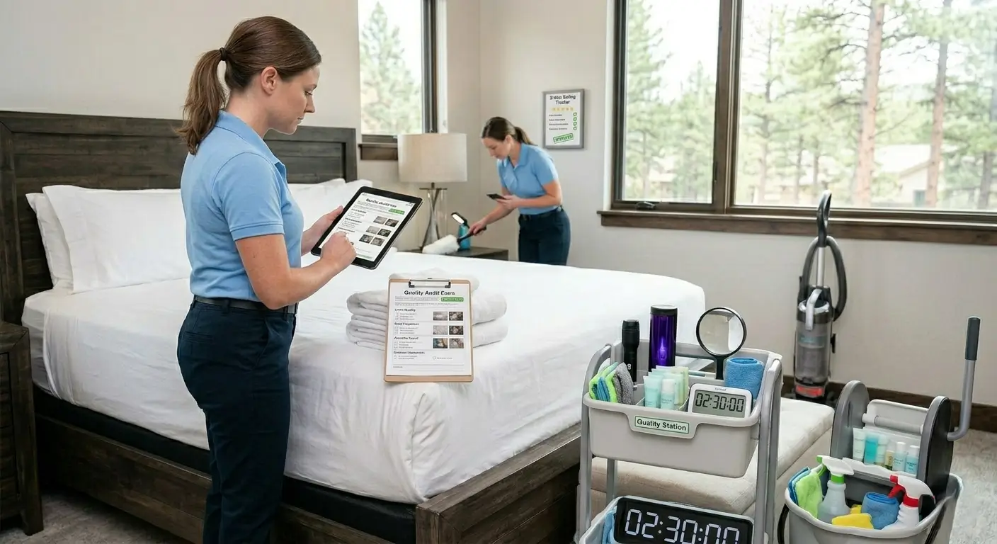 Two-person CR Maids crew working through a documented quality checklist during a same-day vacation rental turnover in a Castle Pines home