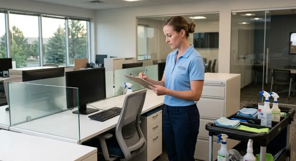 Professional cleaner in light blue uniform reviewing a sanitization checklist in a Castle Pines commercial office covering high-touch surface zones