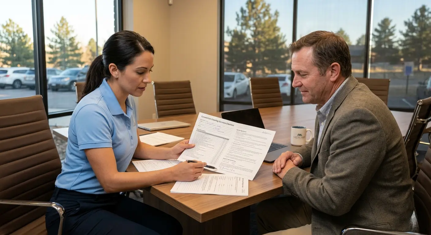 Castle Pines business owner reviewing a commercial cleaning services proposal with a CR Maids crew member confirming scope products and documentation before signing