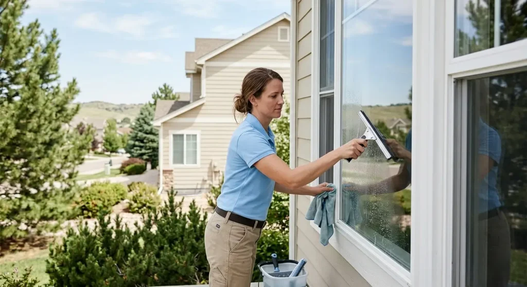 CR Maids crew member using professional squeegee technique on a Castle Pines home window demonstrating how to clean windows without streaks using overlapping passes