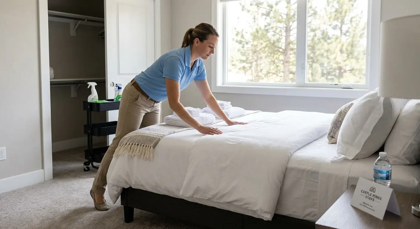 CR Maids crew preparing a Castle Pines vacation rental for guests through cleaning including staged linens disinfected surfaces and restocked amenities
