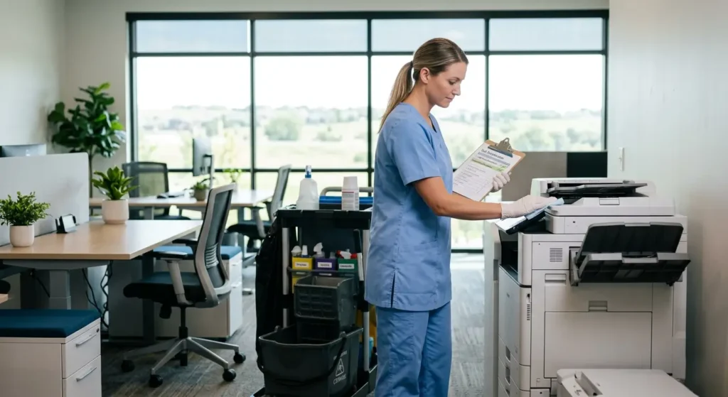CR Maids crew member working through a prioritized commercial cleaning task list in a Castle Pines professional office starting with high-touch surface disinfection