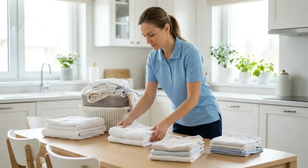 Woman in light blue uniform folding clean laundry on a kitchen table during a scheduled weekly home helper visit