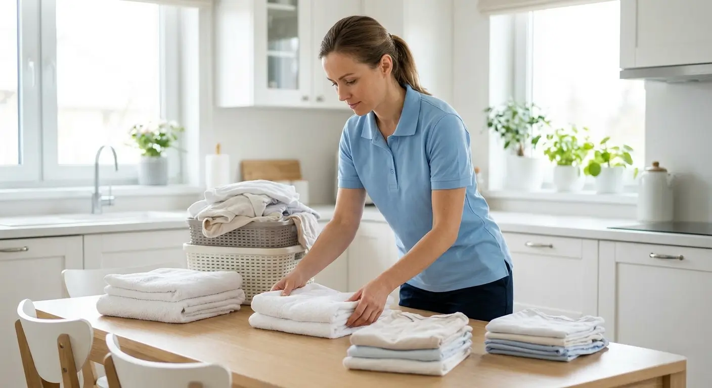 Woman in light blue uniform folding clean laundry on a kitchen table during a scheduled weekly home helper visit