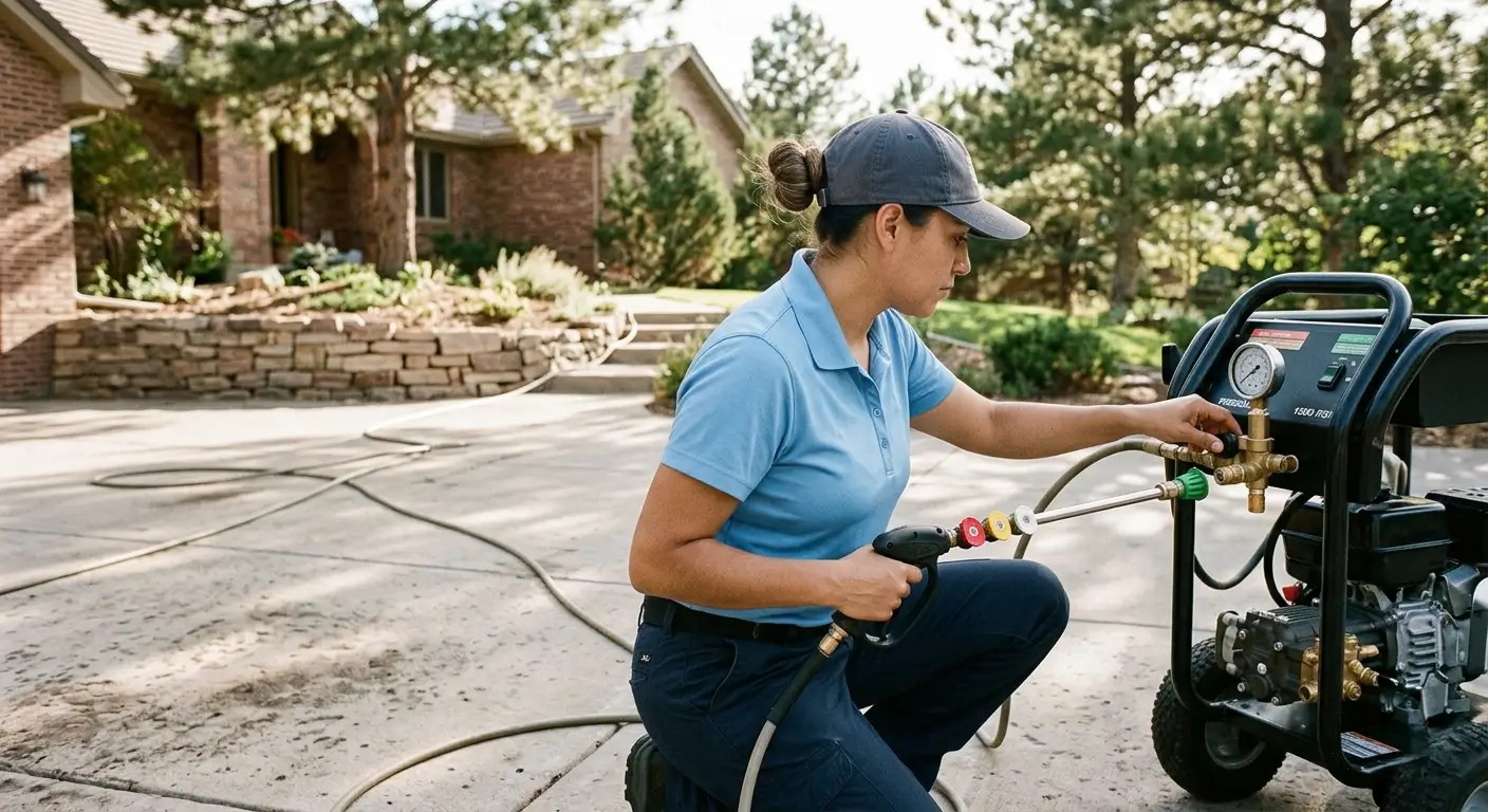 CR Maids crew member adjusting power washing pressure settings before cleaning a Castle Pines driveway showing surface-appropriate technique