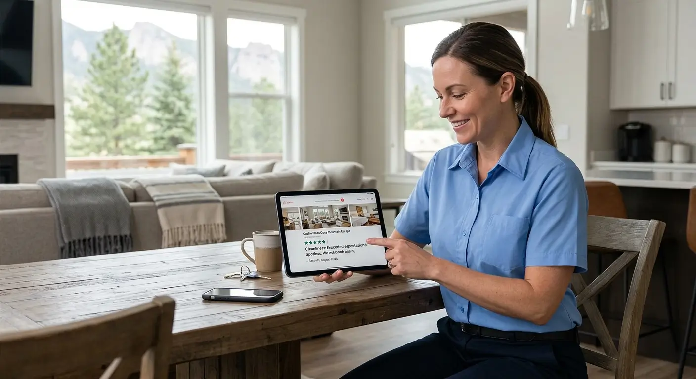 Castle Pines vacation rental host reviewing a 5-star cleanliness review after a professional vacation rental cleaning turnover by CR Maids