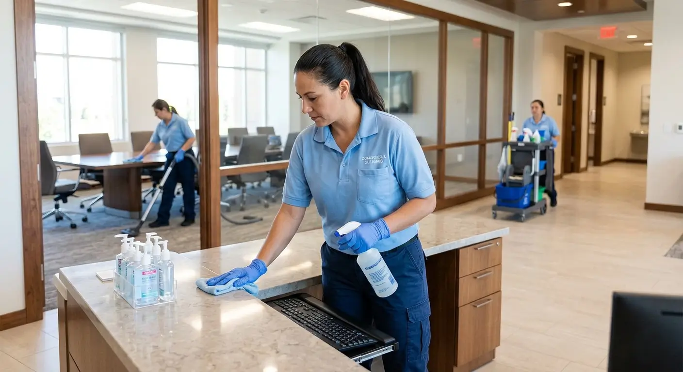 most-important-commercial-cleaning-tasks-to-focus-on.webp CR Maids crew completing the most important commercial cleaning tasks in a Castle Pines professional office focusing on high-touch disinfection restrooms and reception