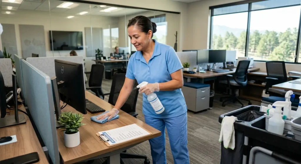cCR Maids crew delivering office cleaning services in a Castle Pines professional workspace with documented checklist and EPA-registered products