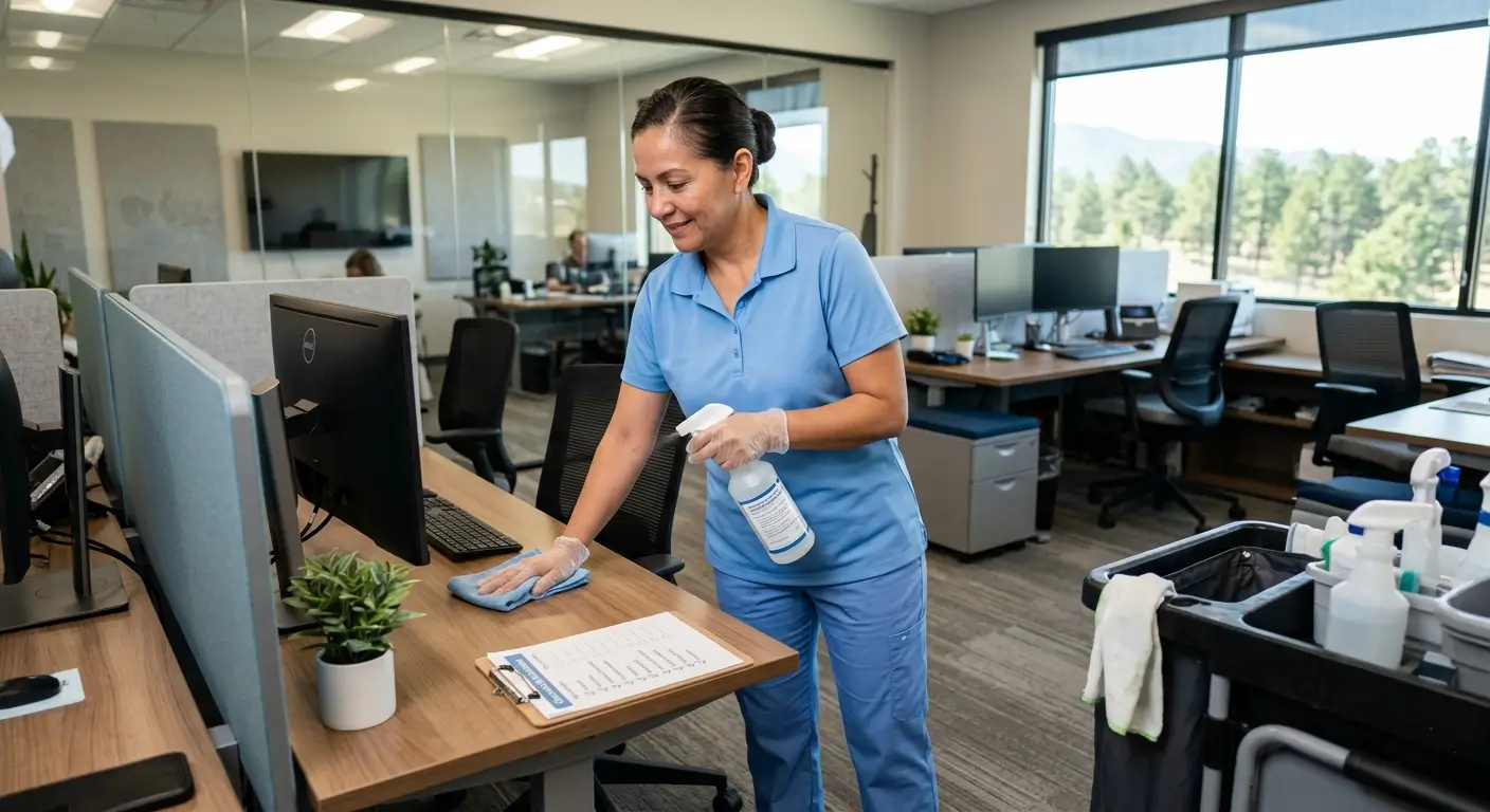 cCR Maids crew delivering office cleaning services in a Castle Pines professional workspace with documented checklist and EPA-registered products