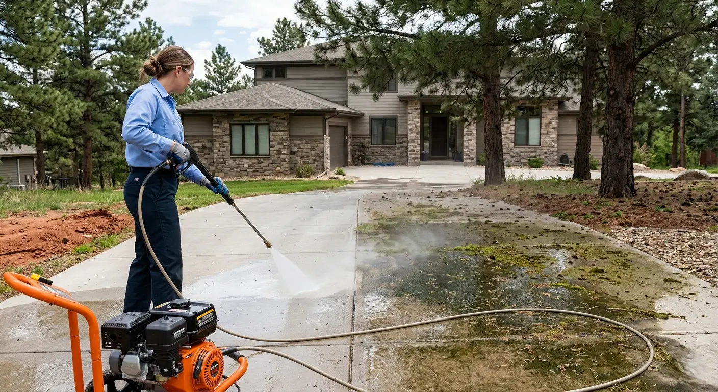 CR Maids crew completing power washing in Castle Pines on a residential driveway and walkway removing algae and pine sap buildup