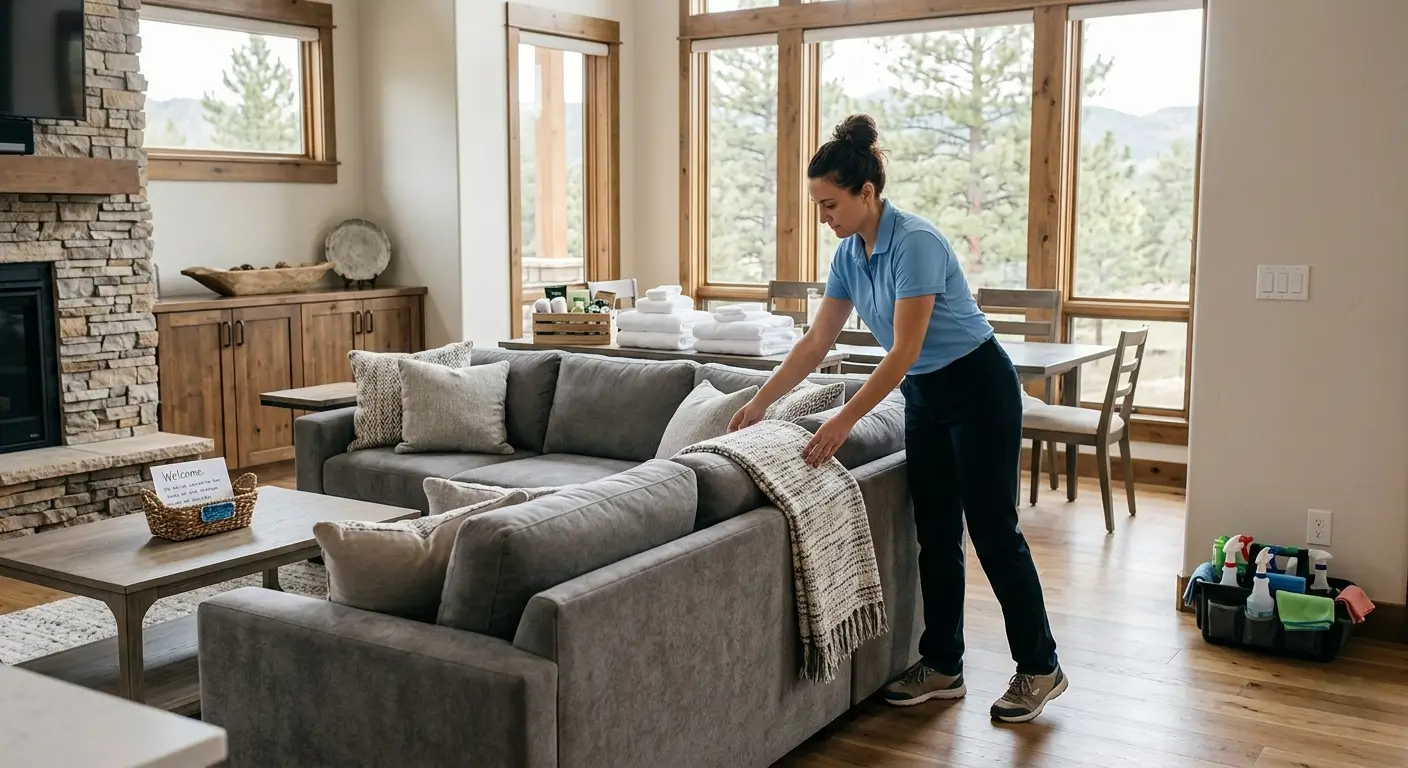 CR Maids cleaning crew completing a same-day vacation rental turnover in a Castle Pines home with fresh linens and a staged living room