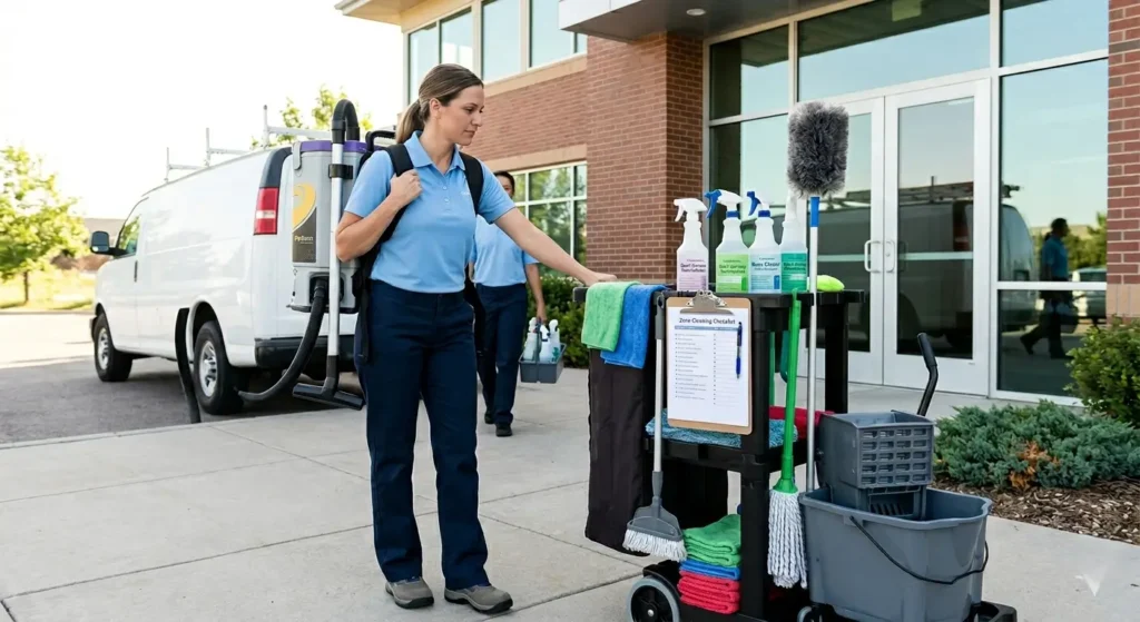 CR Maids crew arriving at a Castle Pines commercial office with professional cleaning equipment including HEPA vacuum microfiber systems and EPA-registered disinfectants