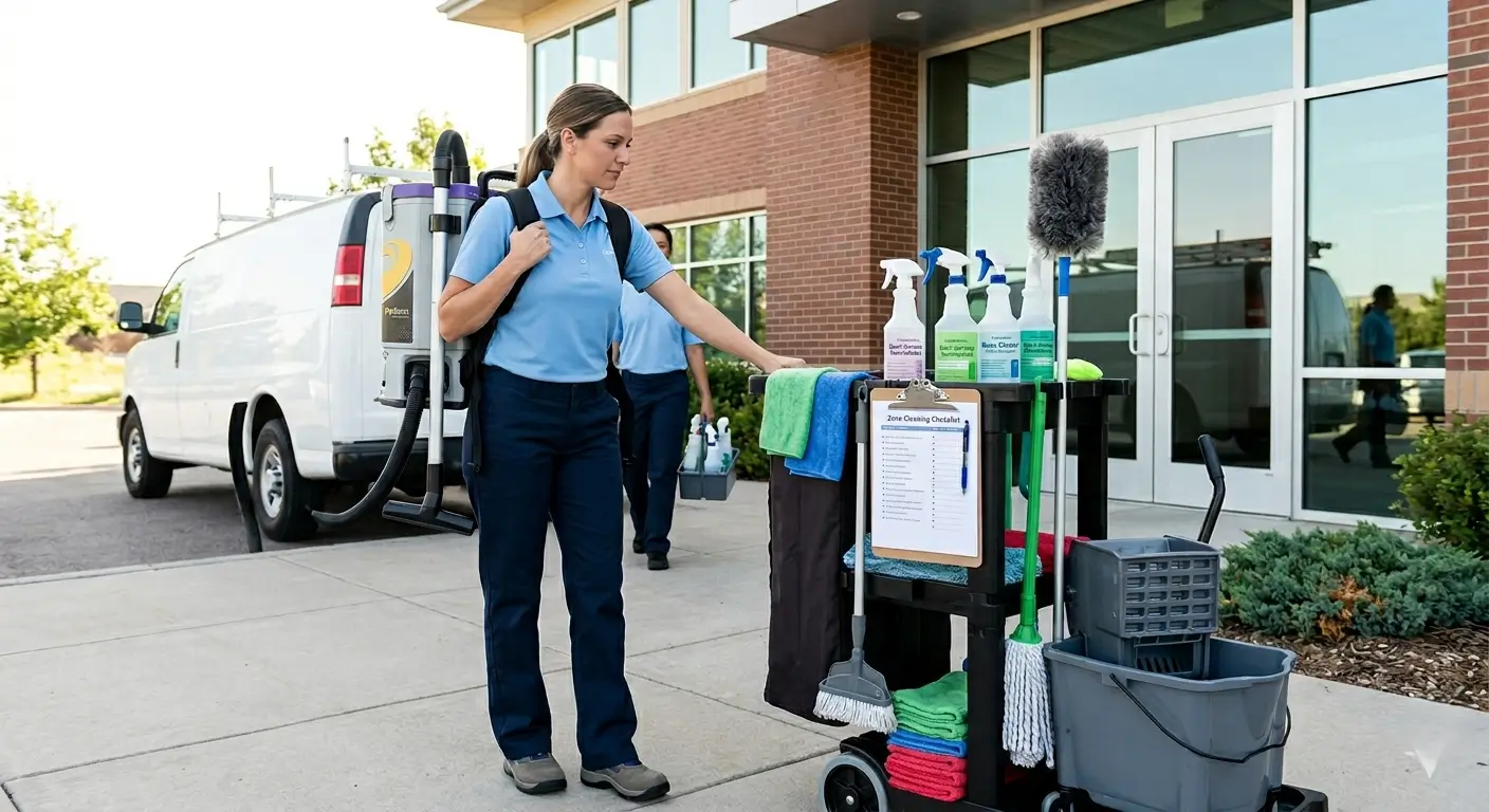 CR Maids crew arriving at a Castle Pines commercial office with professional cleaning equipment including HEPA vacuum microfiber systems and EPA-registered disinfectants